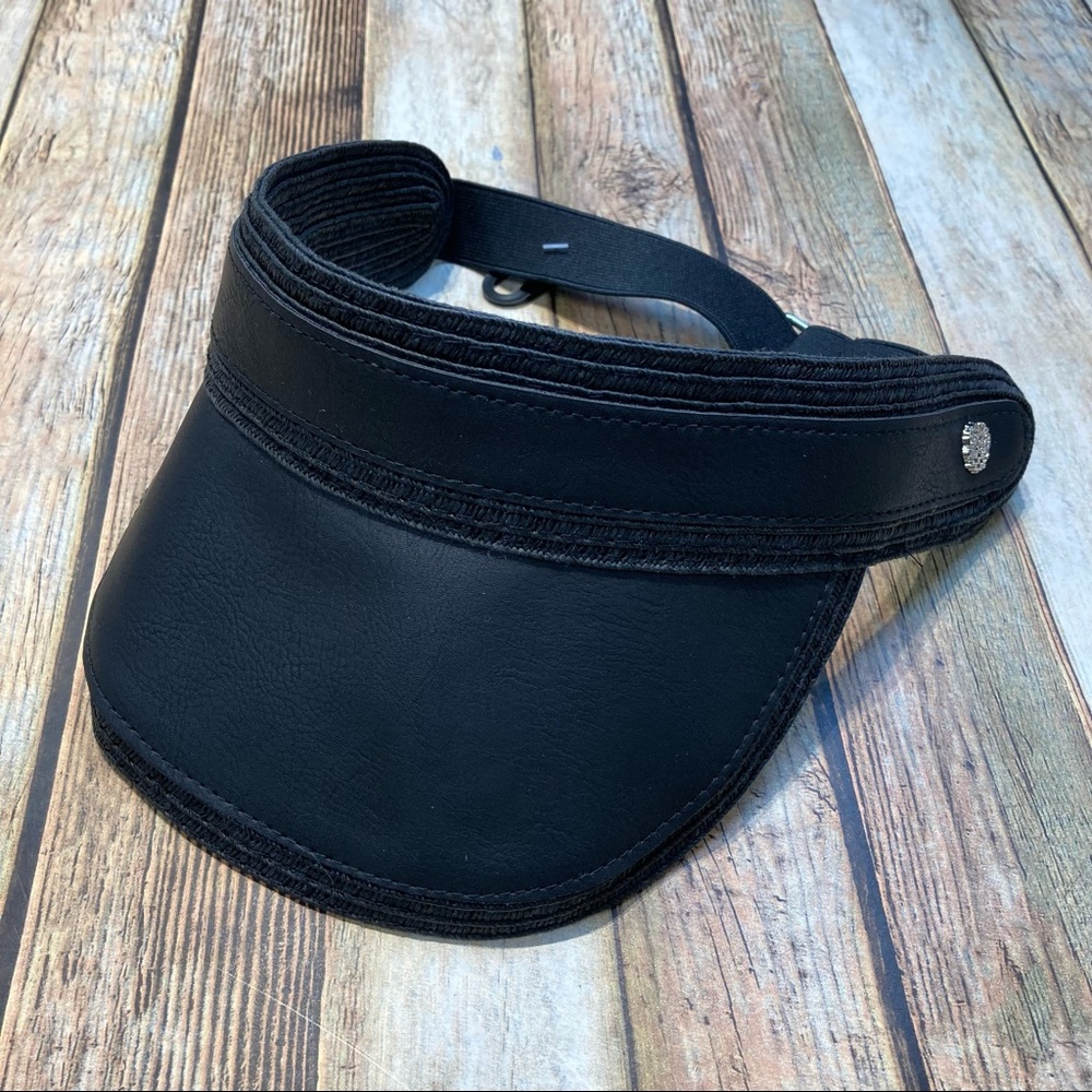 VINCE CAMUTO FAUX LEATHER AND STRAW VISOR OS ADJUSTABLE